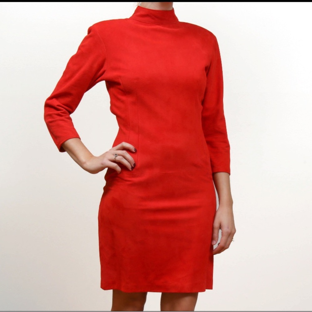 Vintage 1970s I. Magnin Firenze Red Lamb Suede Mockneck Sheath Cocktail Dress